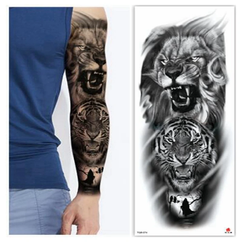 

Large Arm Sleeve Tattoo Sketch Lion Tiger Waterproof Temporary Tatoo Sticker Wild Fierce Animal Men Full Bird Totem Tatto Women