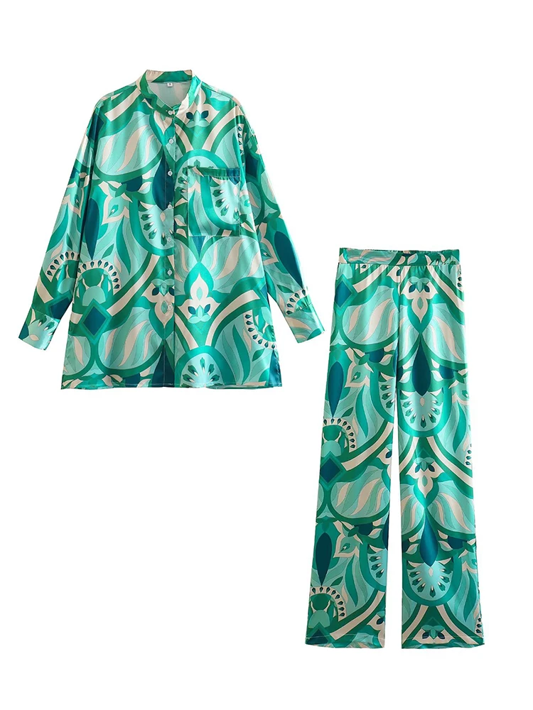 

Green Print Women Shirts 2 pc Sets Elastic High Waist Straight Pants Suits For Women Button Casual Blouse Female 2023 Summer