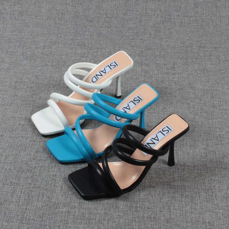 

Slippers Casual Big Size Thin Heels Shoes Slides Heeled Mules Slipers Women Cross-Tied Luxury Soft High 2022 Summer Bonded Leath