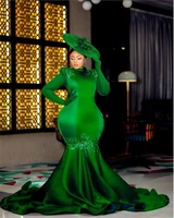 elegant green satin beaded mermaid formal evening long sleeves o neck women plus size long evening party gowns