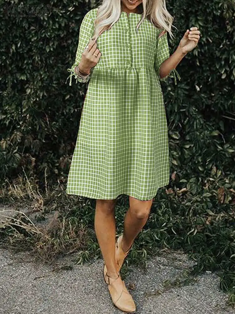 

2022 ZANZEA Summer Bohemian Plaid Checked Sundress Women Short Sleeve Casual Knee-length Beach Dress Robe Femme Vintage Vestidos