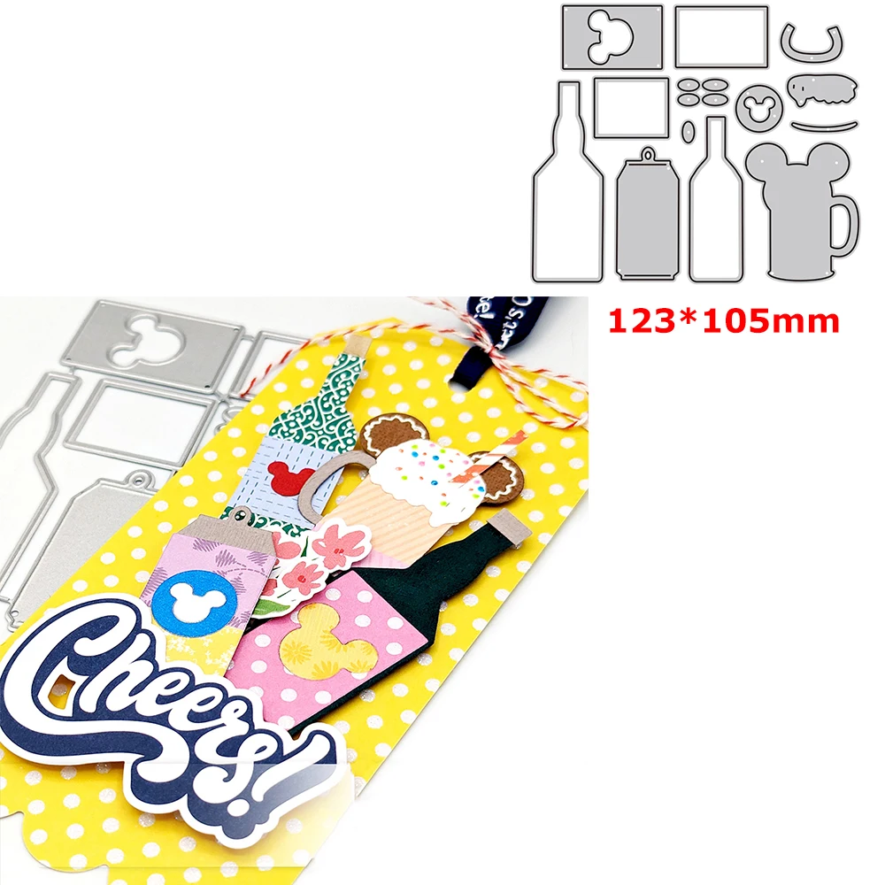 

Disney Cheers Bottle Mug Metal Cutting Dies Mickey Labels Die Cut for DIY Scrapbooking Paper Cards Craft Making Template Mould