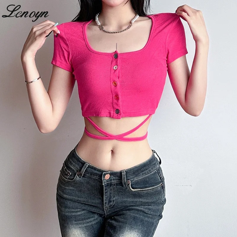 

Lenyn 2023 New Gentle Sweetheart Girl Colorful Breast Knitted Cardigan Square Neck Slim Spicy Girl Cross Strap Open Navel Top