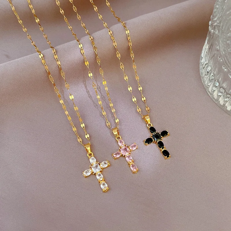 

3 Colors Zircon Classic Cross Pendant Necklace for Women Couple Gold Color No Fade Chain Wedding Party Jewelry Gift Choker