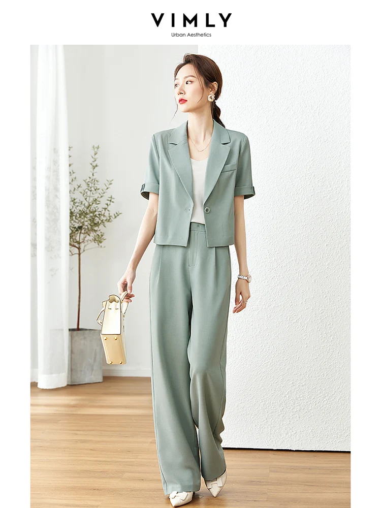 Vimly Light Green Short Blazers Suit Pant Sets for Women 2023 Summer Outfits Office Wear Straight Full Length Pant Two Piece Set