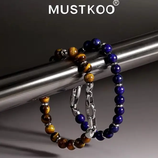 MUSTKOO Мужской браслет с камнем Тигровый глаз 18 см. из бисера лазурита и черного