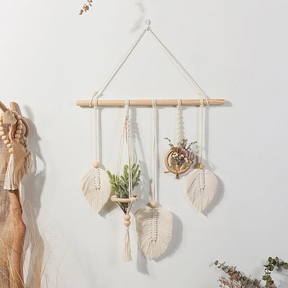 

Nordic Cotton Rope Tapestry Woven Leaf Macrame Wall Hanging Tassel Photo Hairpin Holder Angel Wings Ornament Tissue Roll Holder