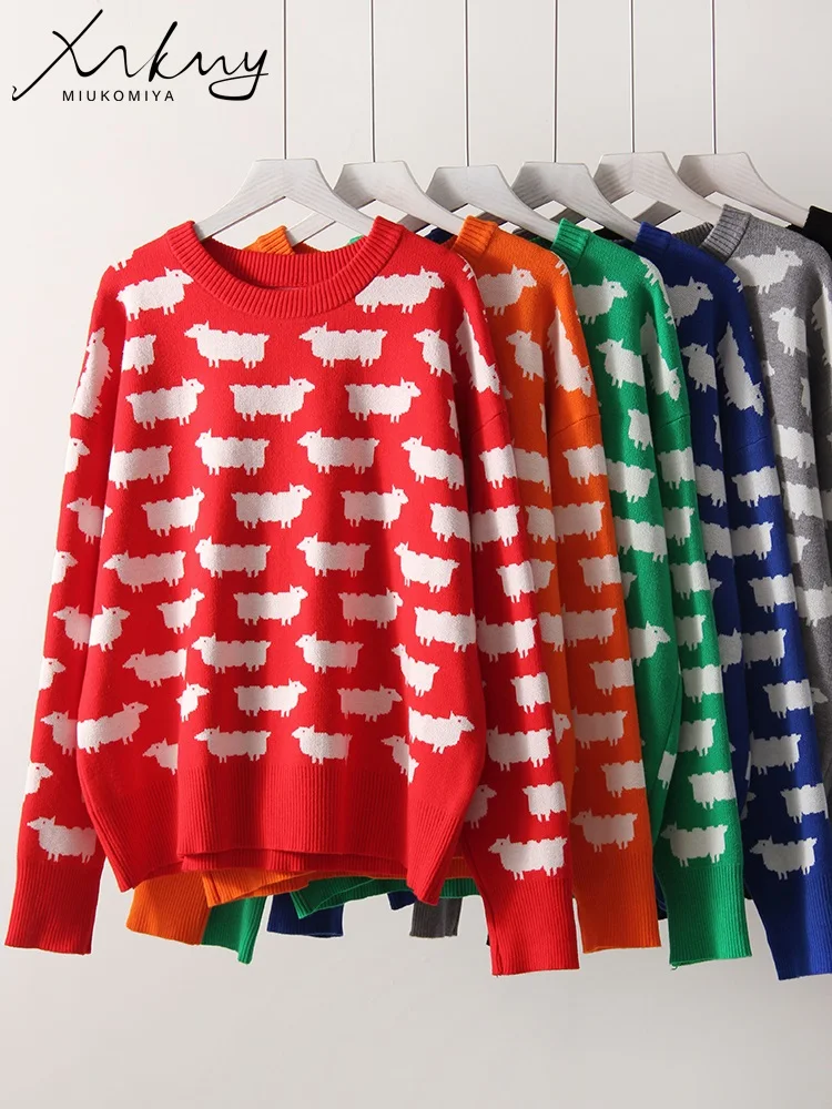 Зимние милые свитера оверсайз для женщин вязаные пуловеры с принтом теплые