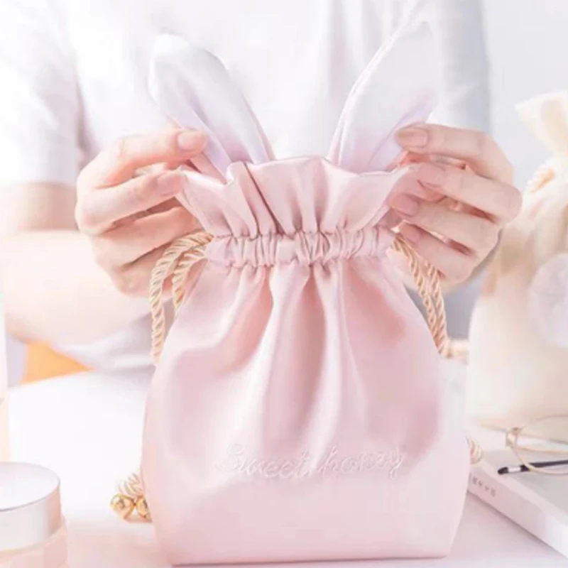 

2022 Rabbit Ears Cosmetic Bag Easter Bunny Ear Cosmetic Bag with Hand Gift Bag Cartoon Silky Drawstring Pocket Cookie Candy Bag