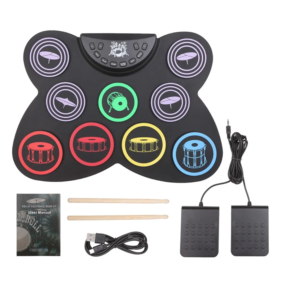 Фото A89E-Электрическая барабанная установка, 9-подушечная силиконовая складная электронная барабанная установка с разъемом для наушников, встроенный динамик, ножные педали, барабанные палочки №2