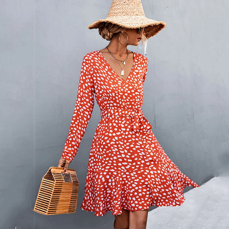 

Spring And Summer Women's Print Dots New Dresses Fashion V Neck Cross-tie Ruffles Large Swing Long Sleeved Casual Vacation Dress