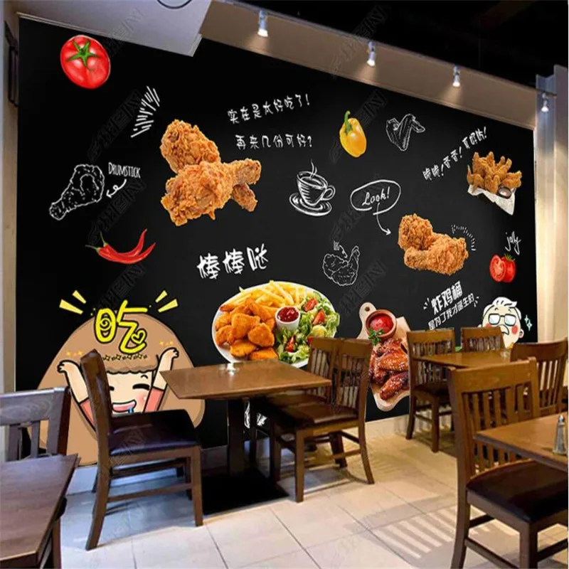 Custom Fried Chicken Snack Bar Black 3D Wall Paper Fast Food Restaurant Decor Mural Self-adhesive Wallpaper Papel De Parede 3D