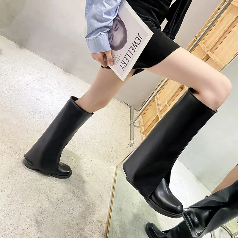 

Large Size Women's Boots 2022 New Winter Slimming Net Red All-match High Tube But Knee Square Toe Flat Knight Boots shoes woman