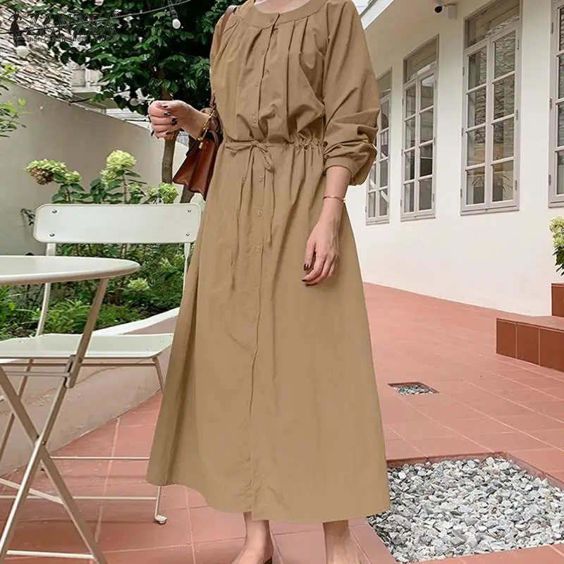 

Платье ZANZEA женское с круглым вырезом, модная Однотонная рубашка с длинным рукавом, элегантный сарафан на пуговицах, кафтан средней длины, од...