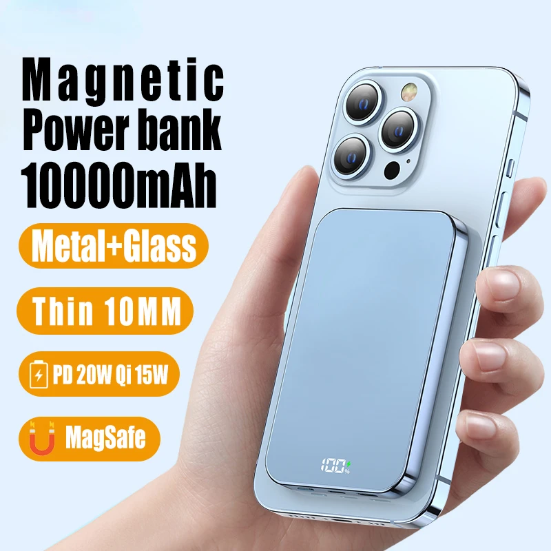 

10000mAh for iPhone 13 12 Power Bank Glass Metal PD 20W Wireless Fast Charge 15W Safe Portable External Battery Mag