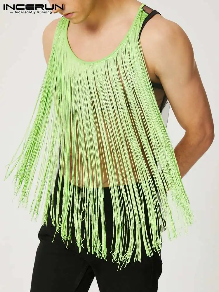 

INCERUN Men Tank Tops Mesh Tassel Patchwork See Through Sexy O-neck Sleeveless Vests Streetwear Personality Men Clothing S-5XL