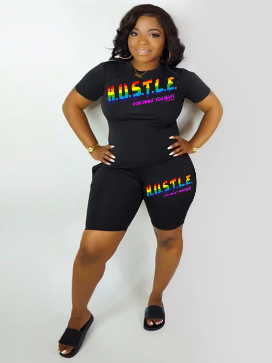 

LW Plus SizeShorts Set Hustle Letter Print Female Polyester Regular Long Sleeve O Neck Casual Matching Outfit
