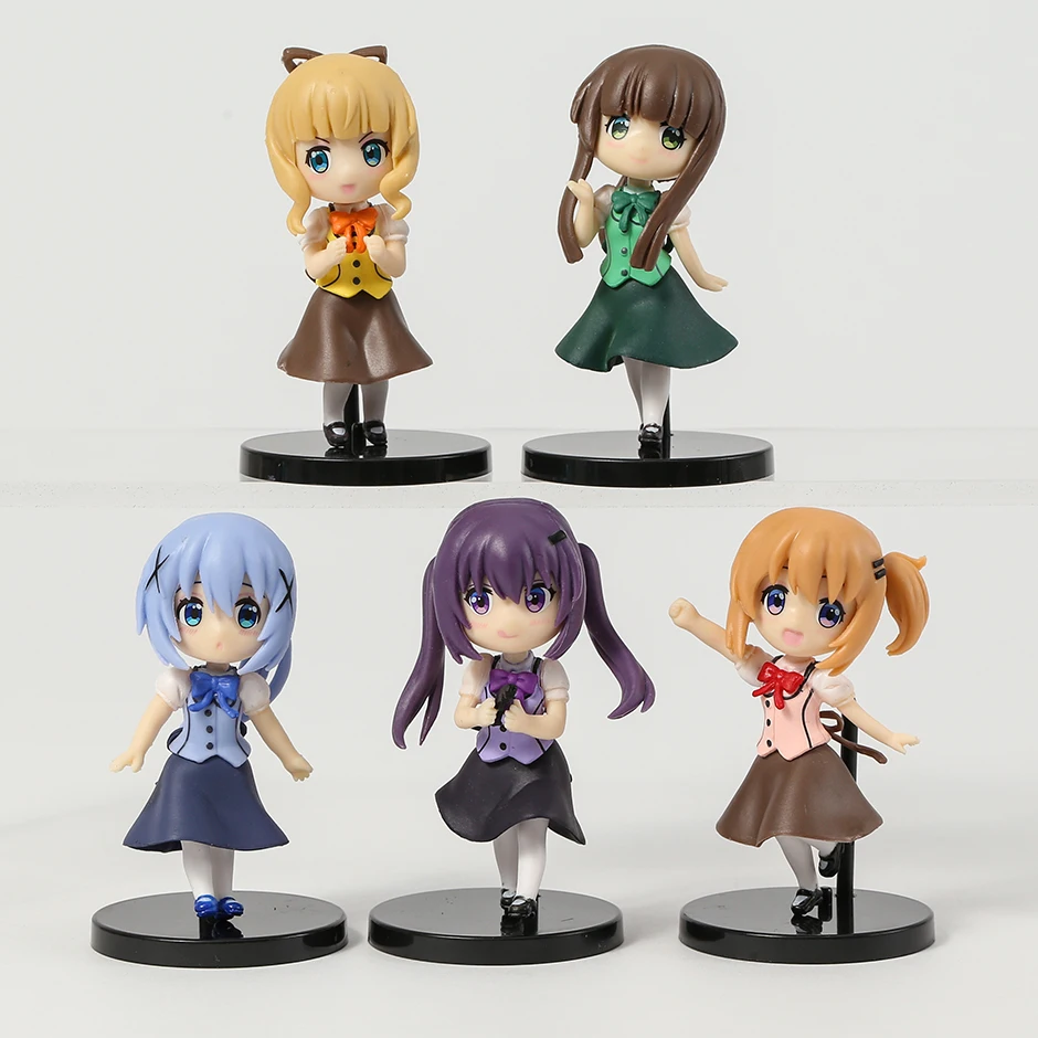 

5pcs/set Is the order a rabbit Anime Character Cocoa Chino Rize Chiya Syaro Q Ver PVC Figures Collectible Model Dolls