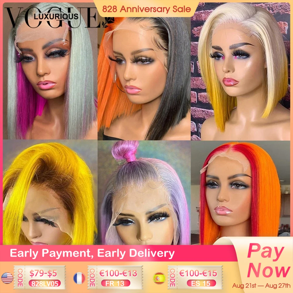Ed Short Bob Wig Lace Front Human Hair Wigs Yellow Purple Ombre Highlight Wig Human Hair Transparent Lace Frontal Wig