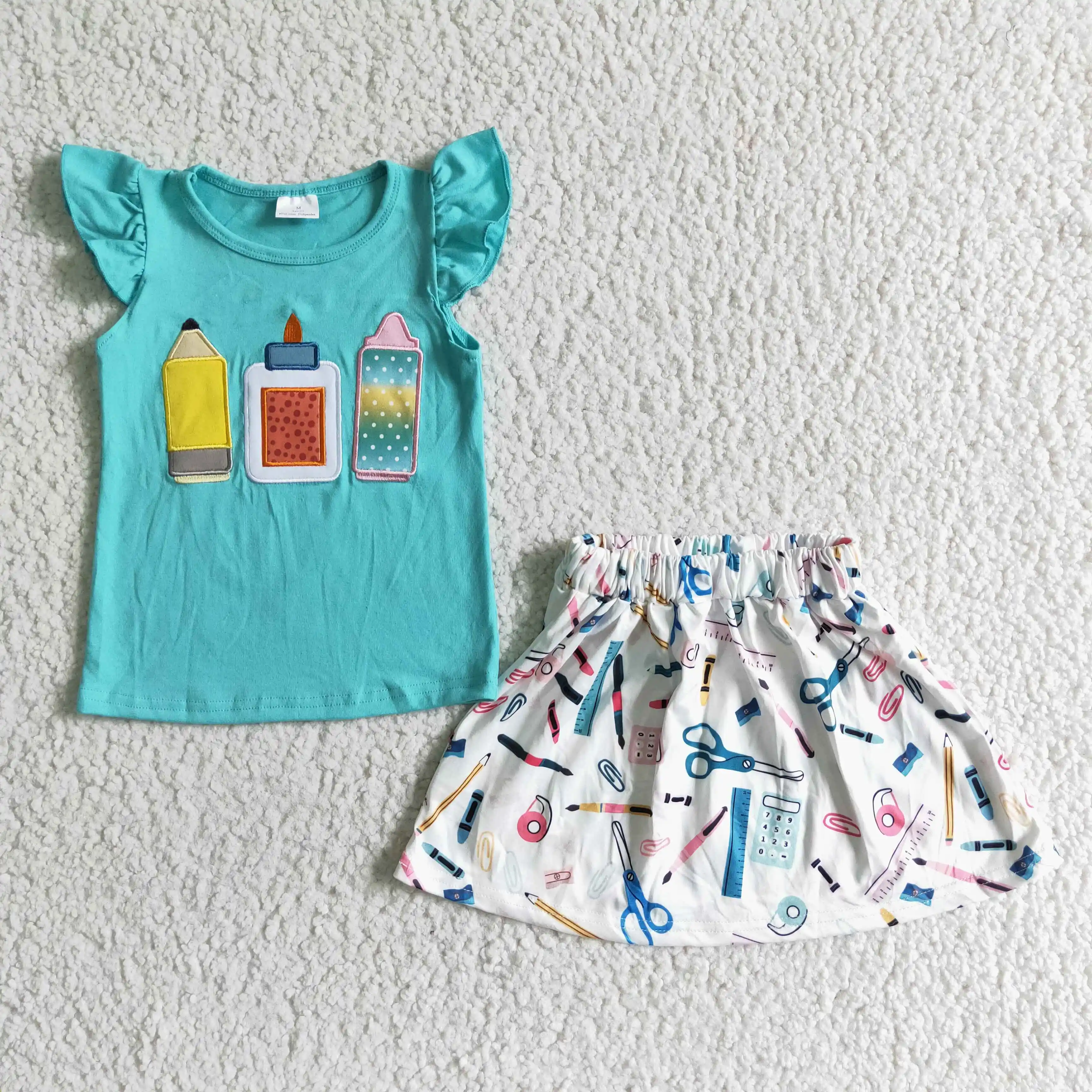 

hot sale fashion blue flutter sleeve t shirt and skirts kids girl clothes 2 pcs set children summer clothing set