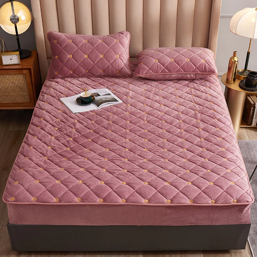 

Home Textiles Bedspread Bed Sheet Thick Warm Qulilted Embroidered Letter Plush Velvet Fitted Mattress Cover King Twin Queen Full