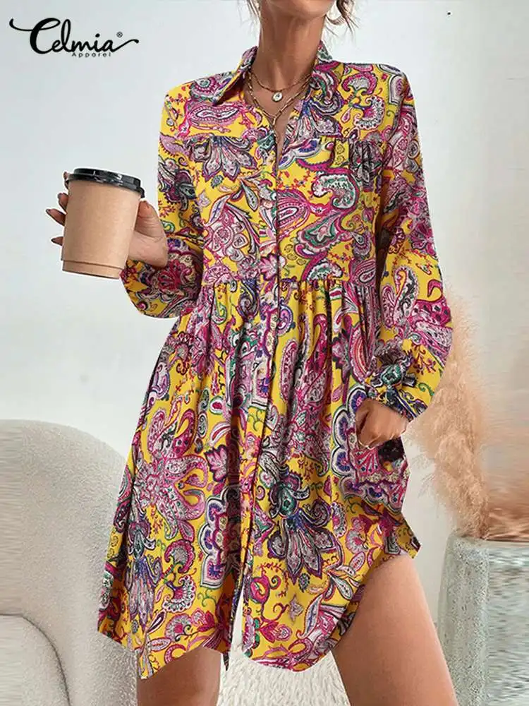

Vintage Floral Printed Short Sundress Celmia Women Fashion Shirt Mini Dress 2022 Summer Casual Puff Long Sleeves Lapel Vestidos