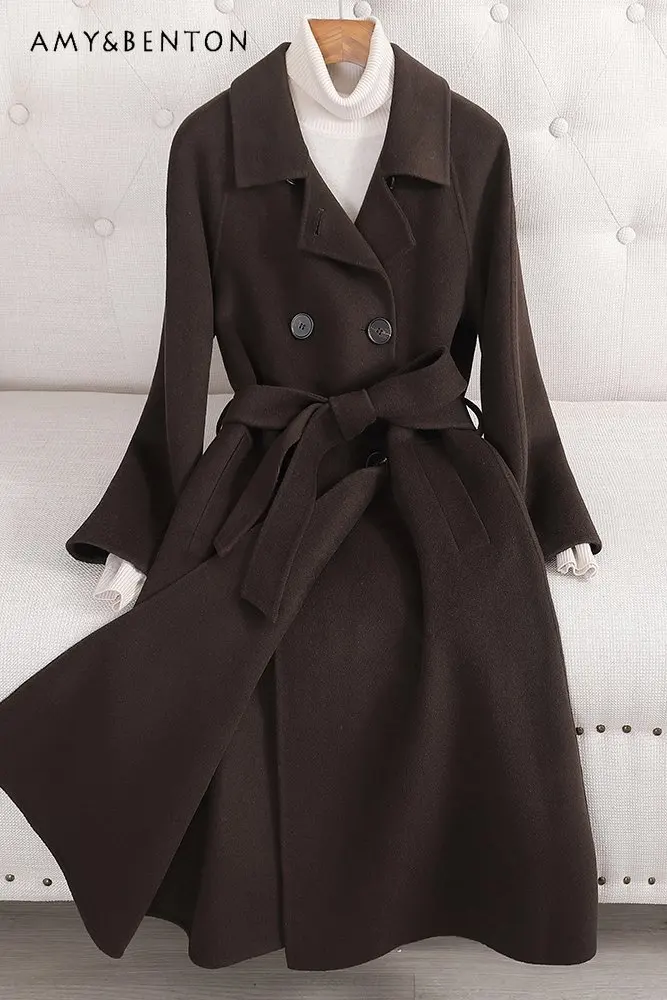 

Двустороннее кашемировое пальто, женское осенне-зимнее Новое приталенное шерстяное пальто средней длины на шнуровке в стиле Хепберн