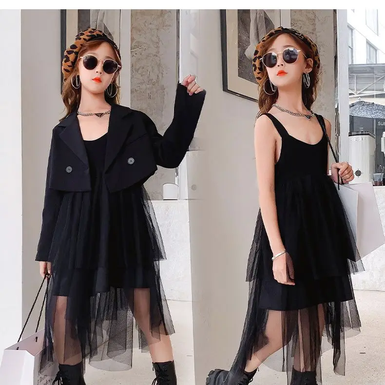 

Girls Clothing Sets Baby Sling Princess Dress Outfits Kids 2 Pieces Suit Spring Autumn Children Mesh Dress + Blazer Jackets