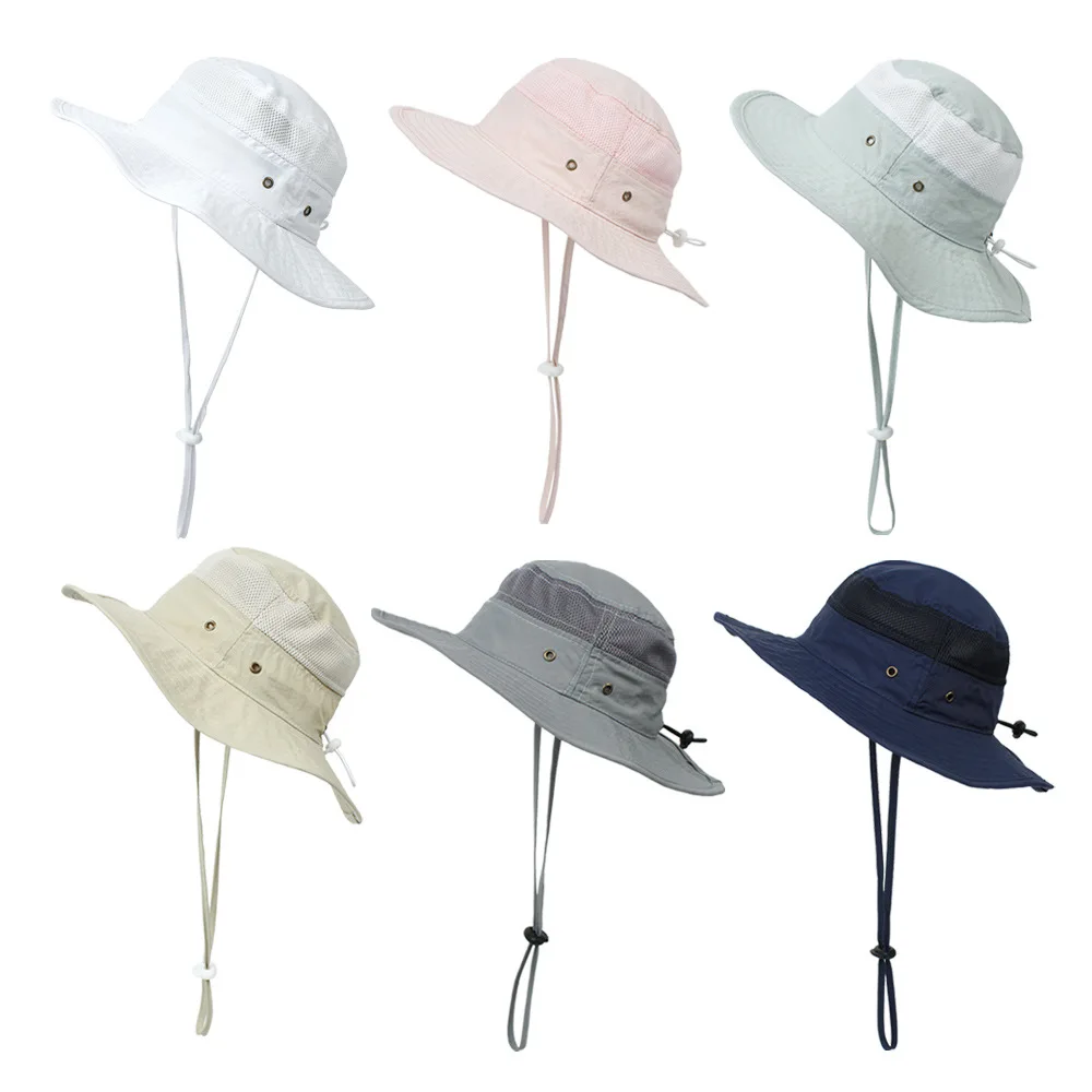

Summer Children Hat Mesh Breathable Fisherman Hats for Boys Girls Solid Color Foldable Sun Cap with Windproof Rope Kids Items