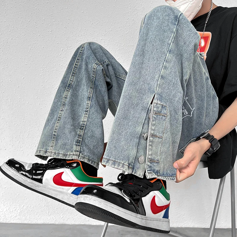 Men Jeans Retro Stitching Breasted Jeans Ripped Solid Color Straight Loose Jeans Korean Style Hip Hop Jeans Y2k Streetwear LOOSE