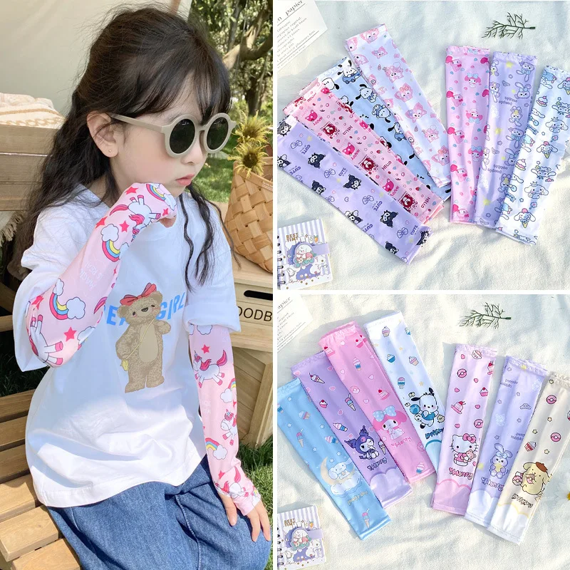 

Sanrio cute Hello Kitty Kuromi Ice Silk Sun Protection Arm Covers Outdoor Cycling Running Anti-UV Arm kid Thin style ice sleeves
