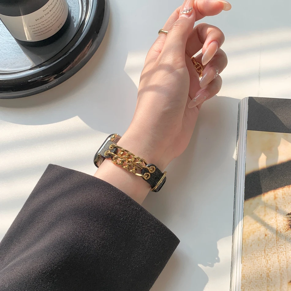 Джинсовый ремешок для Apple Watch Series 9 8 7 6 5 4 SE 38/40/41/42/44/45 мм модный металлический INS с