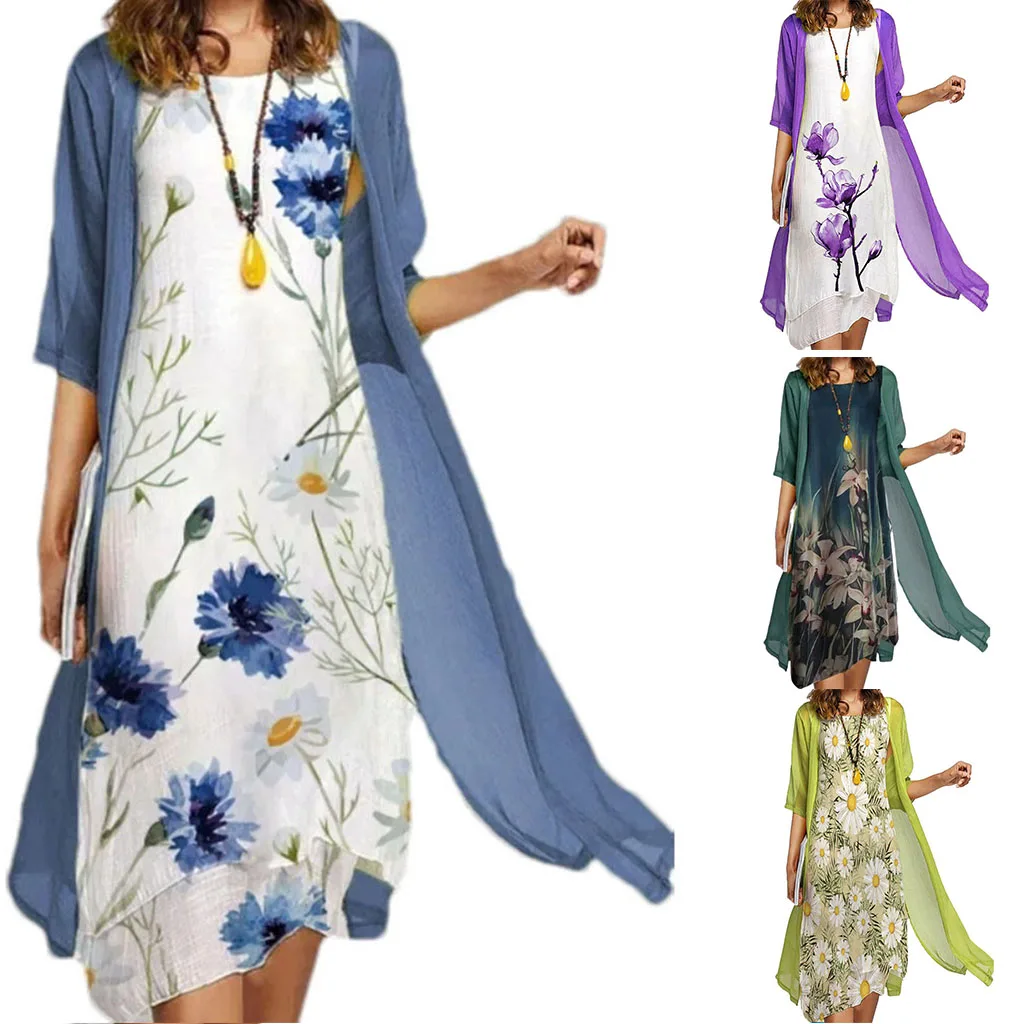 

2023 Two-Piece Cardigan Mid-length Dress Elegant Women's Vintage Style Print loose skirt casual changeable crewneck party dress