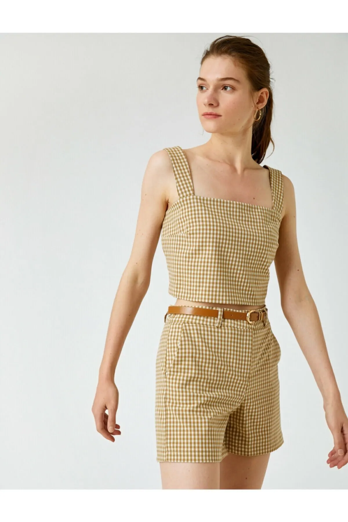 

Women's Shorts Brown Checked Shorts Belt New Summer Fashion Bermuda Basic Short Pants Mini Trousers Short Pants