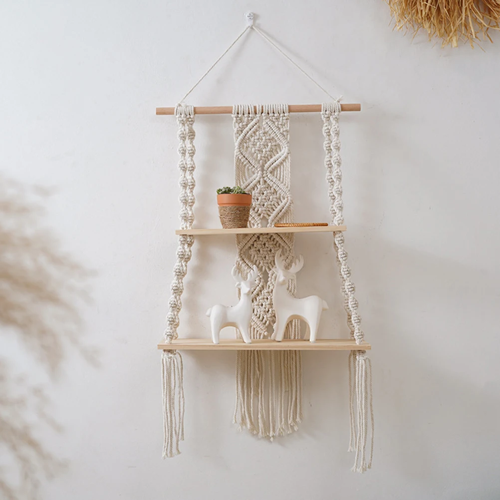 

Bohemian Bedroom Decoration Wall Decoration Bohemian Hangers Woven Rope Floating Wooden Shelves And Small Plants Storage