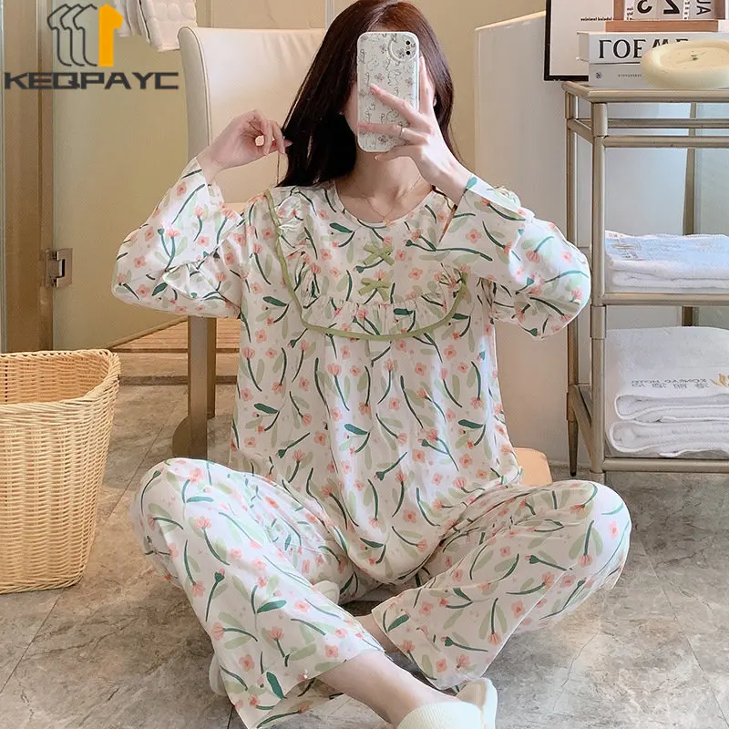 New 2023 Spring Autumn Women's Long Sleeve Thin Pajamas Sleepwear Women Sweet Cartoon Loungewear Casual Nightwear Clothing Sets