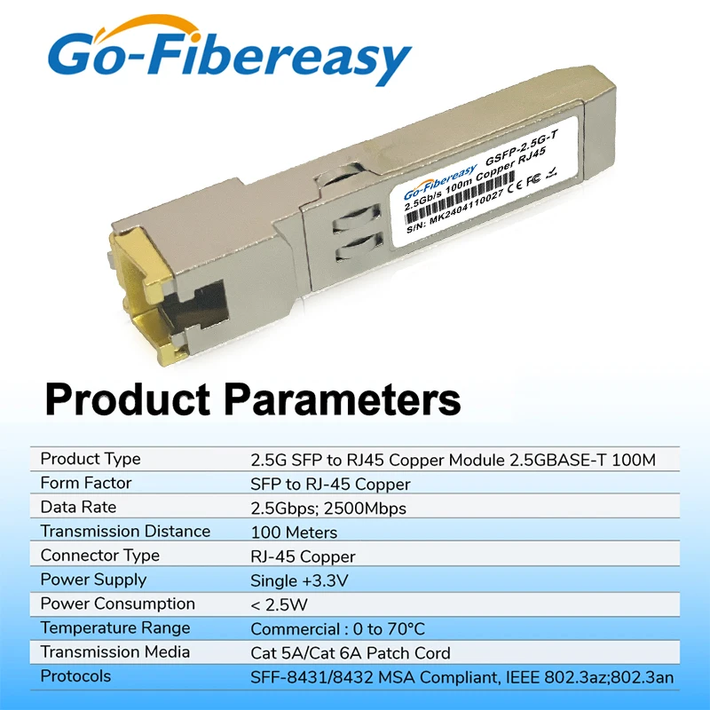 Фото Медный модуль 2,5G SFP-RJ45, 1G/2,5GBase-T, 100 м, разъем RJ45, совместимый с оптоволоконным коммутатором Mikrotik, HORACO, KEEPLiNK 2,5 ГБ SFP №2