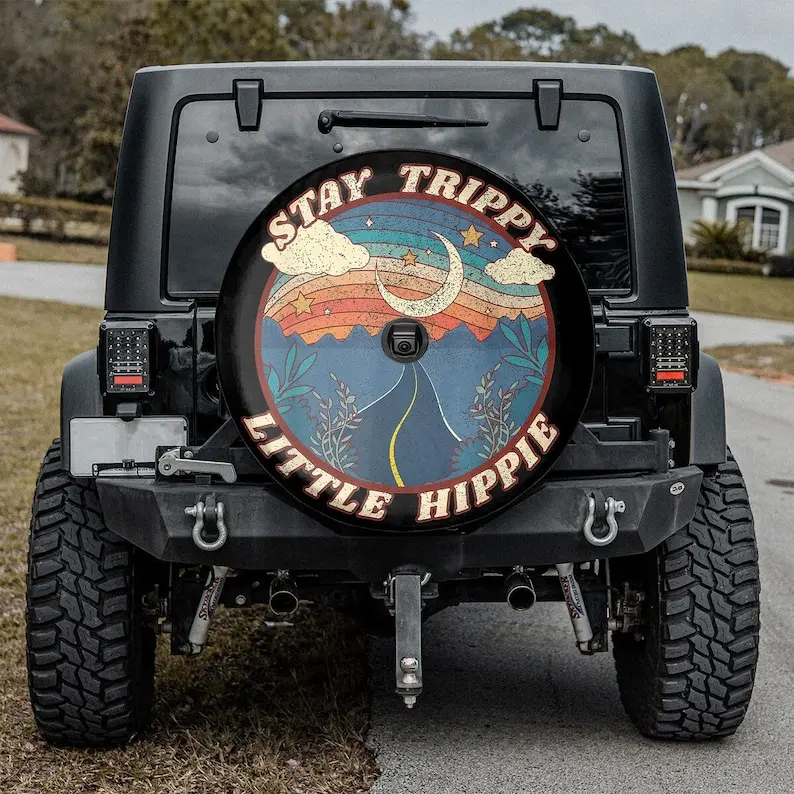 

Stay Trippy Little Hippie Camper Truck, SUV Tire Cover, Gift For Him, Personalized Spare Tire Cover, Gift For Car Lover, Valenti