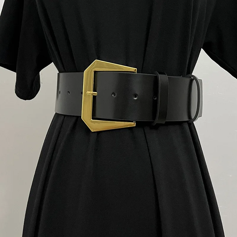 Women's wide belt exaggerated design leather belt for women fashionable coat metal square buckle belt female luxury brand