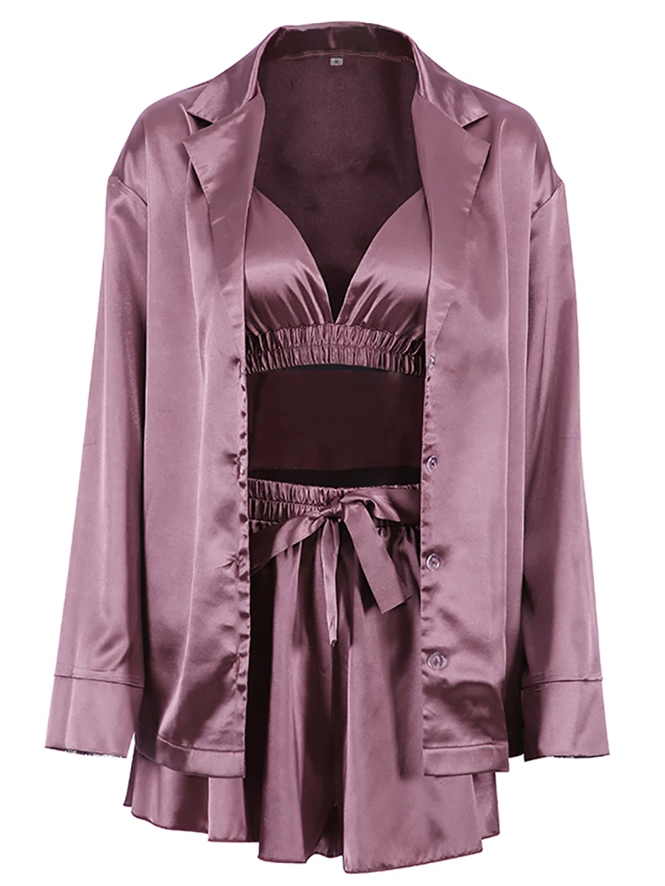 Restve Casual Sleepwear Women 3 Piece Set Long Sleeve Robe Spaghetti Strap Bra Sleeveless Female Night Suits With Shorts 2022