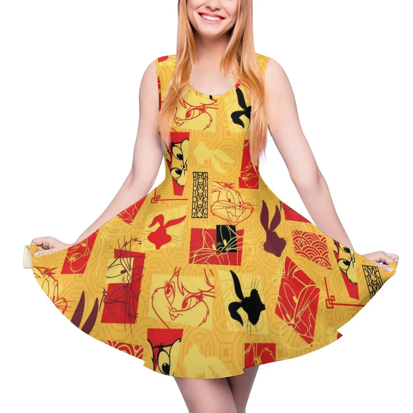 

Платье в стиле бохо с изображением кролика и высокой талией