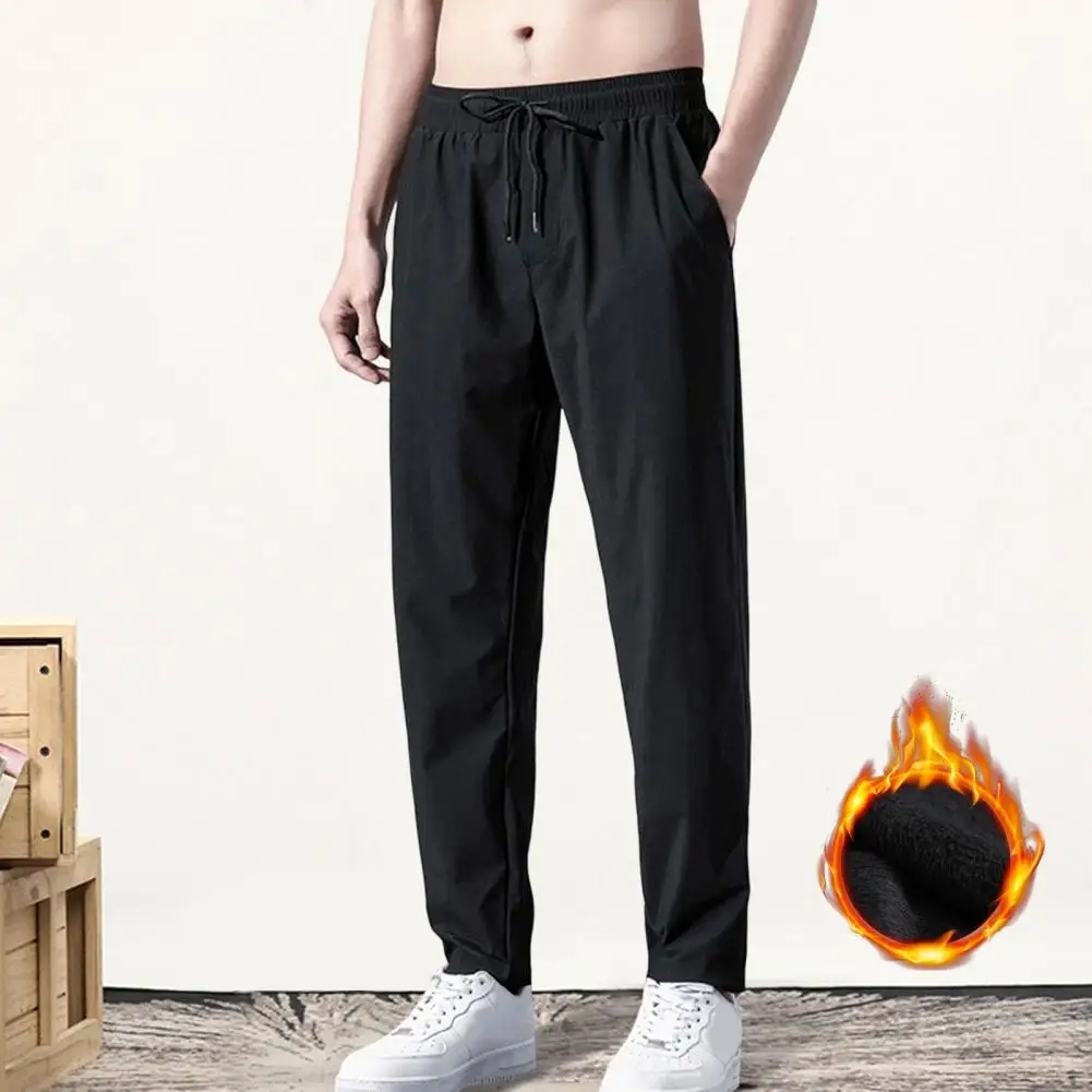 

Men Sweatpants Summer Drawstring Coldproof Korean Style Thicken Plush Lining Ankle Tied Pants Straight Pants Men for Jogging