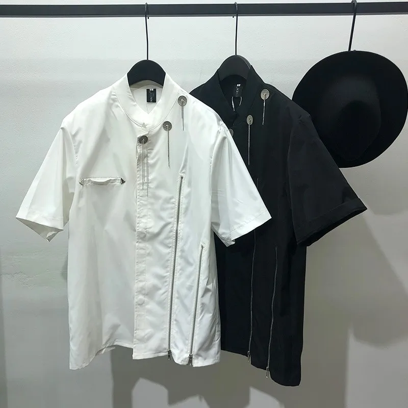 2022 Original summer fashion brand black high sense Chinese stand collar short sleeve shirt hip hop trend stitching handsome top