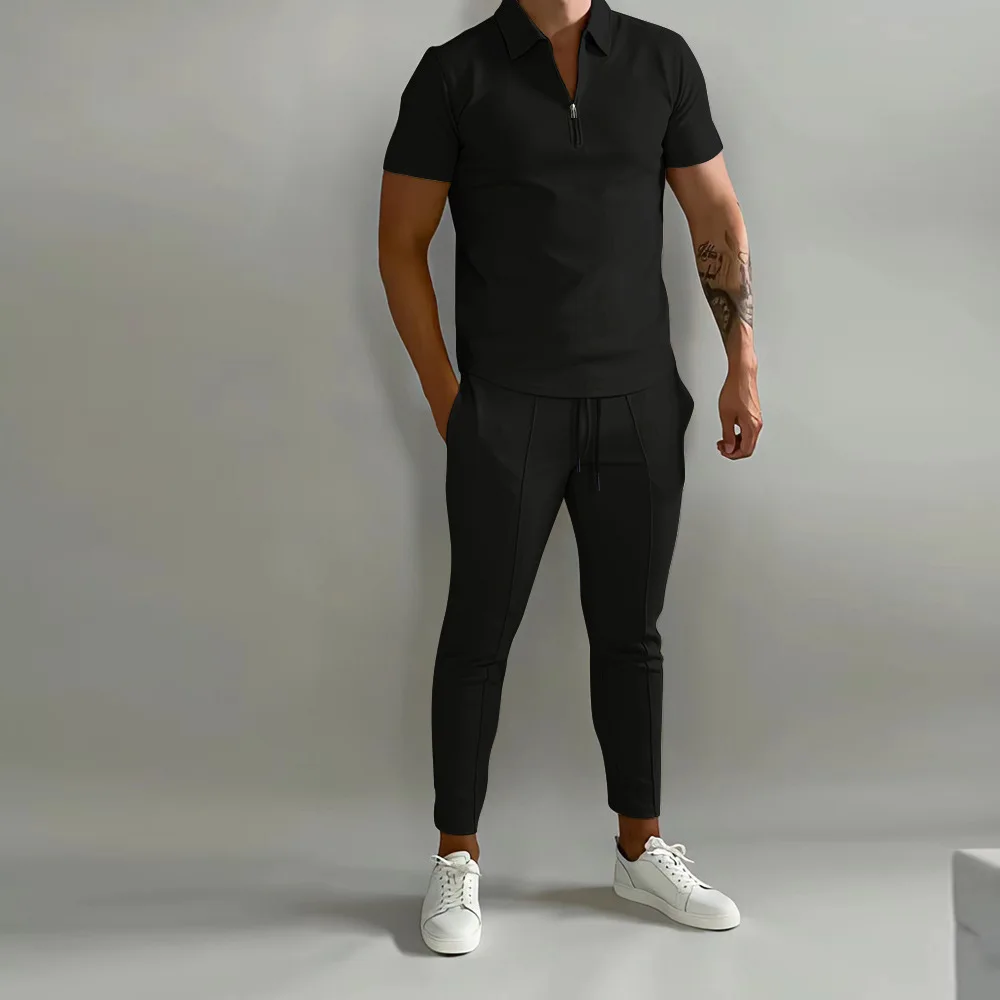 2023 Summer Men's Sports Suit Solid Casual Loose Comfortable Male Set Short-Sleeve Polo Shirt & Shorts Two-Piece Suit Man