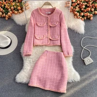 fashion autumn and winter new gold thread plaid tweed ensemble femme pink short jacket mini skirt two piece set women clothes