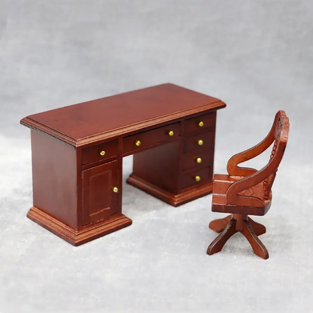 

Miniature Furniture Wooden 1/12 Scale Dollhouse Writing Desk Chair Set for Study Room