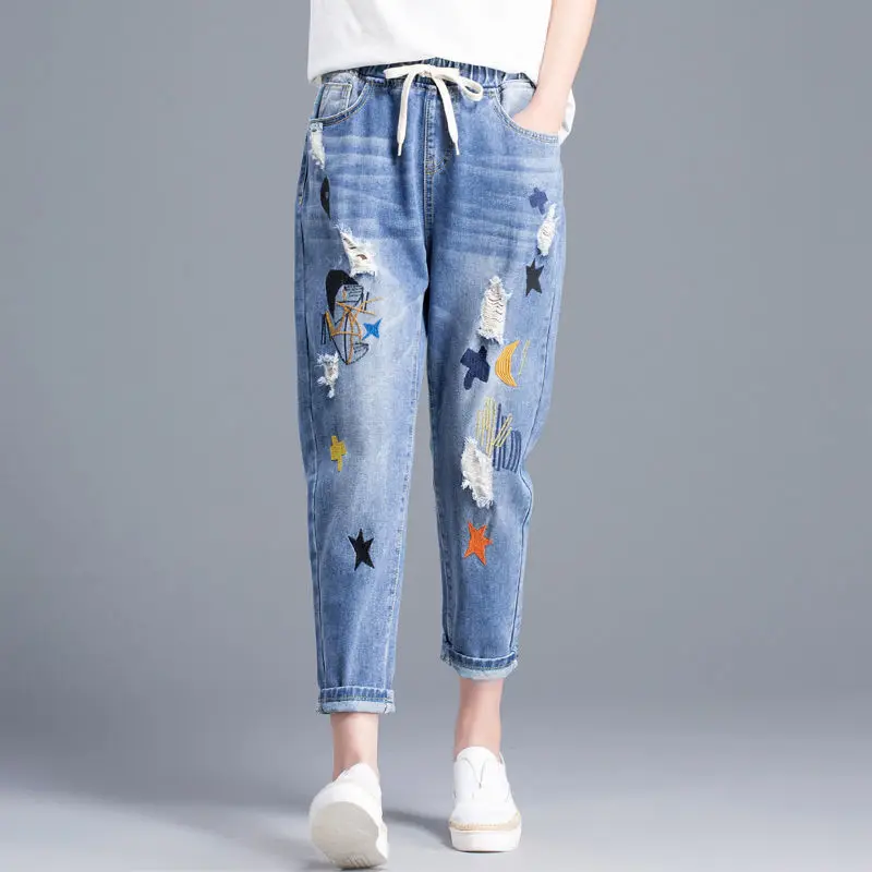 Famous brand jeans Vintage Hole star Embroidery Ankle-length Denim Jeans Female Casual Loose Harem Pant Trousers Cloth