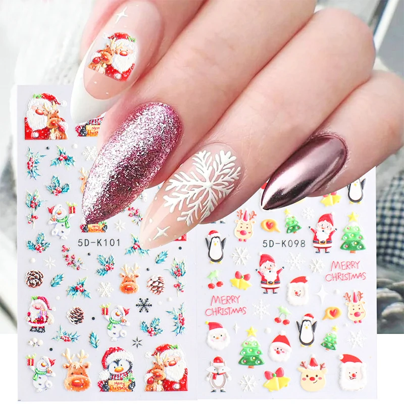 

Winter Snow Bird Nail Stickers Decals 5D Embossed Christmas Flowers Santa Nail Art Decorations Sliders For Manicure Accessories