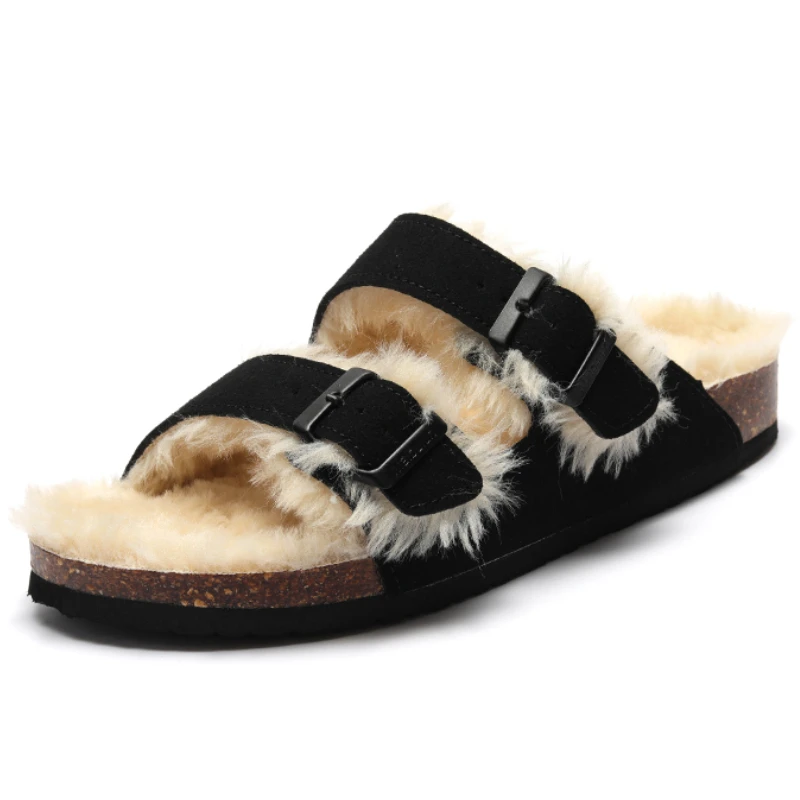 

New Winter Warm Plush Cork Slippers Men 2023 Fashion Casual Double Buckle Faux Leather Non-slip Home Slides Unisex Comfort Shoes