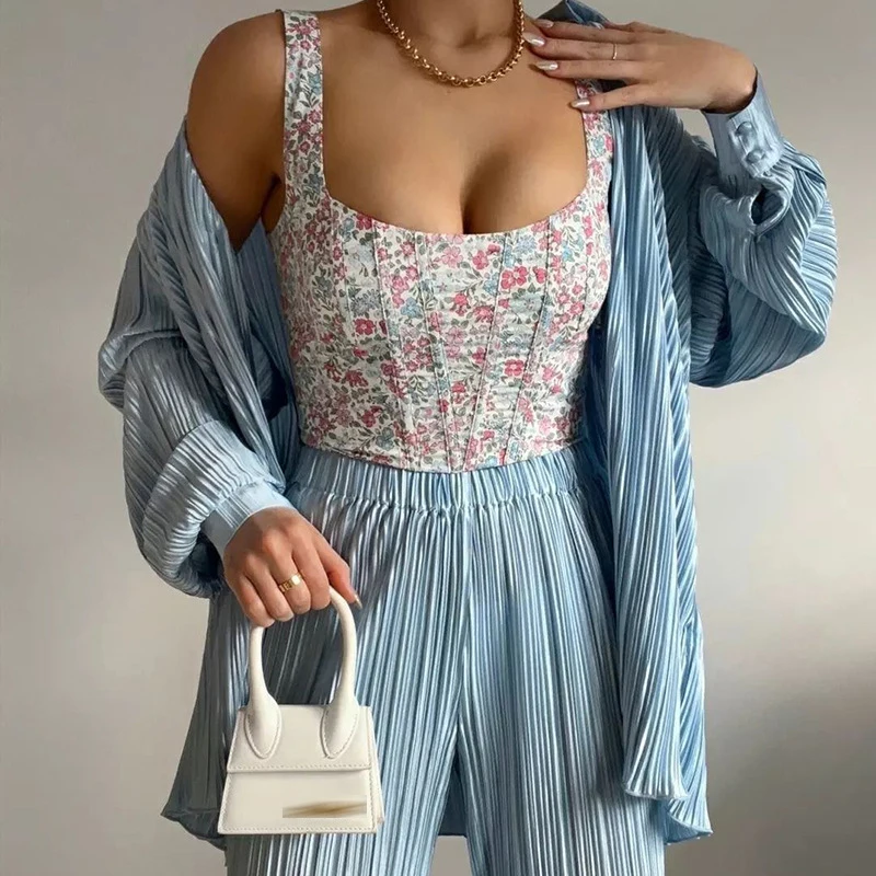 

Spring Autumn Long Sleeve Pleated Suit Sets Women Turn-down Collar Button Top Cardigan & Straight Pants Outfit Casual Solid 2pcs